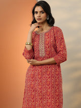 Libas Red Printed Cotton Blend  Straight Suit Set With Dupatta