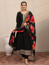Libas Black Yoke Design Silk Blend  Anarkali Suit Set With Dupatta