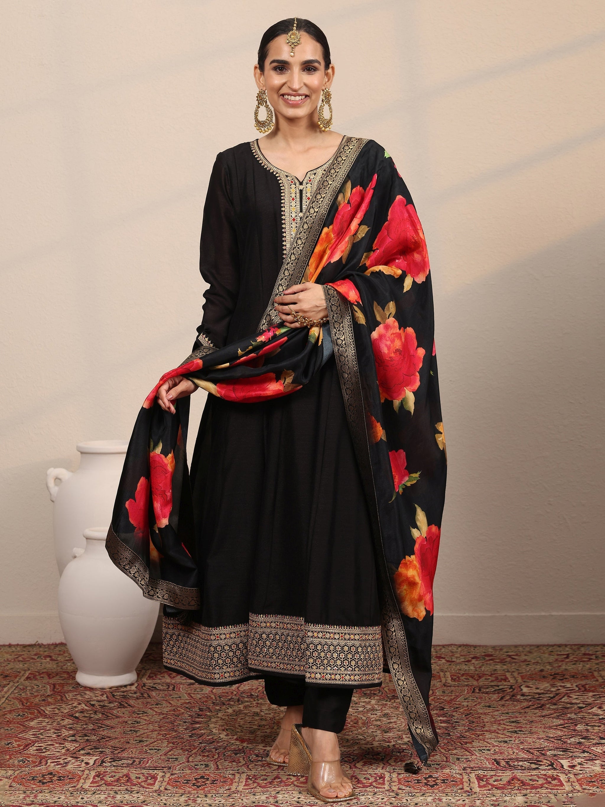 Libas Black Yoke Design Silk Blend  Anarkali Suit Set With Dupatta