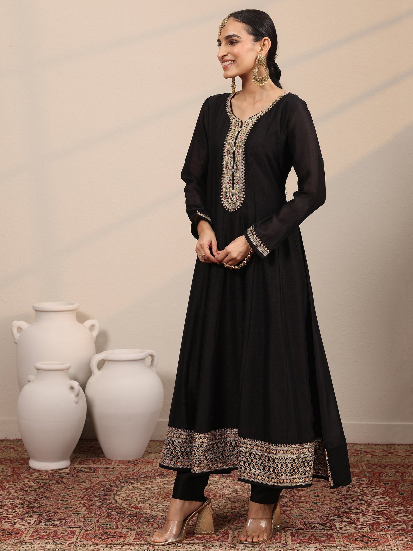 Libas Black Yoke Design Silk Blend  Anarkali Suit Set With Dupatta