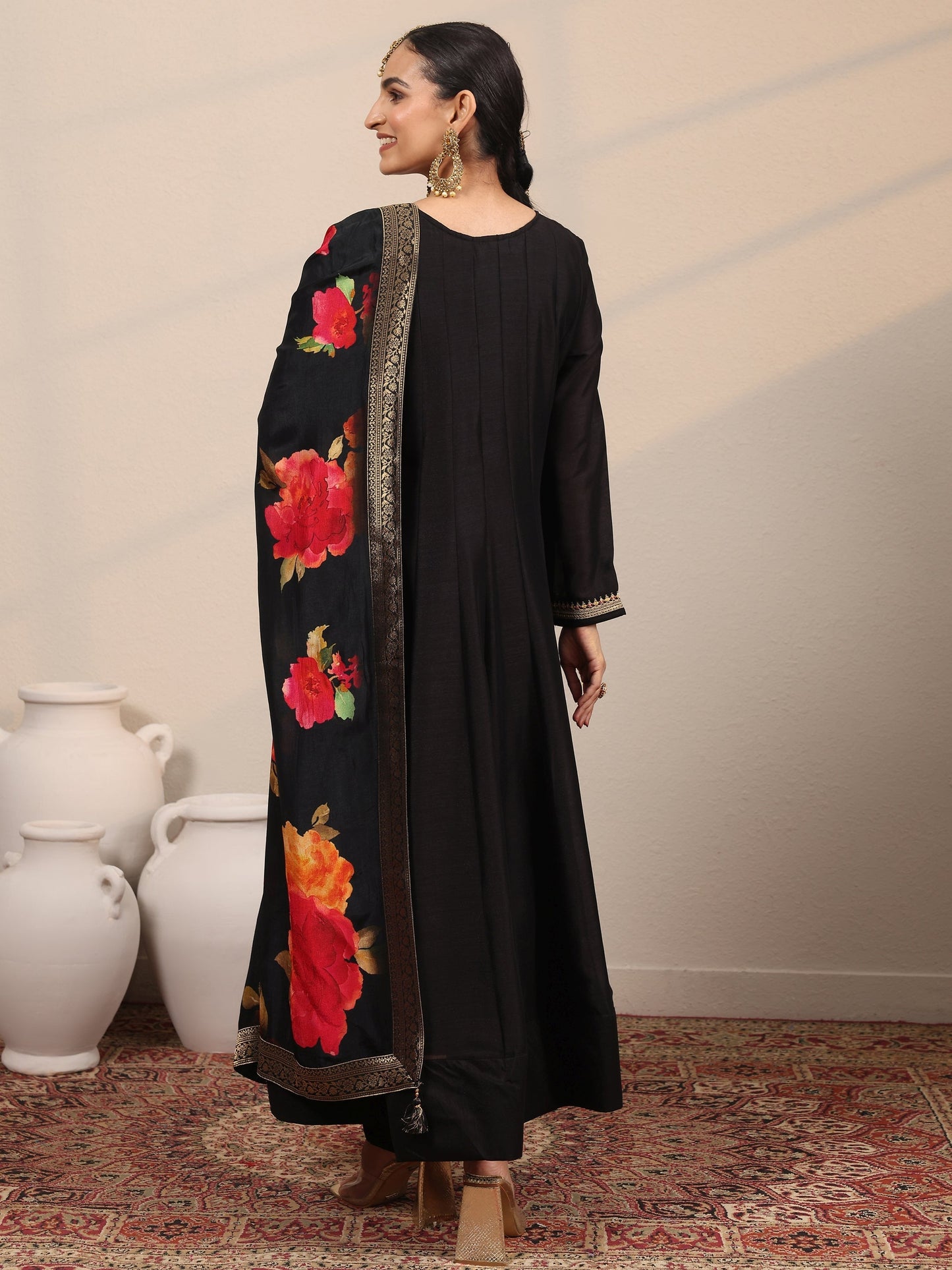 Libas Black Yoke Design Silk Blend  Anarkali Suit Set With Dupatta