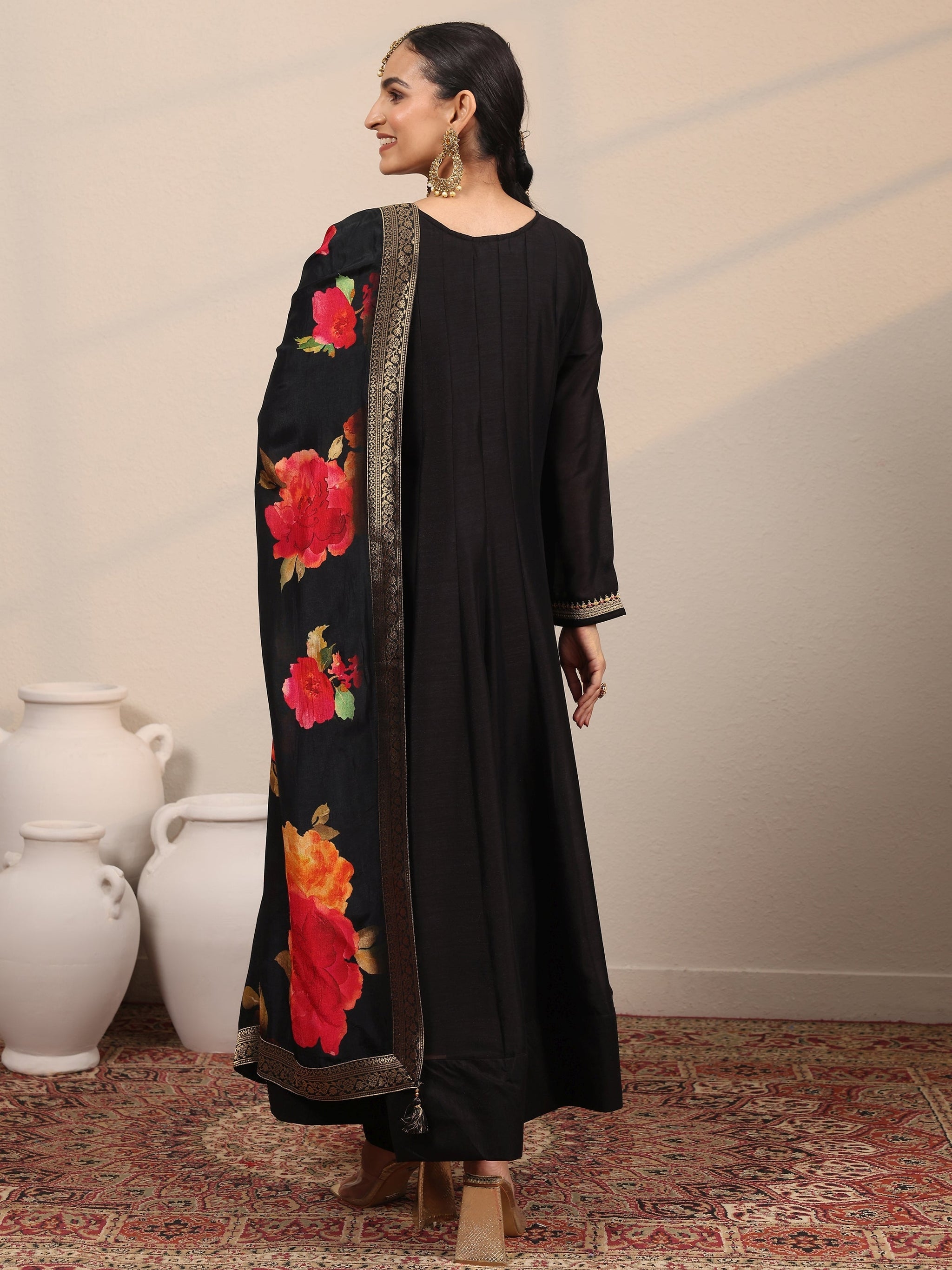 Libas Black Yoke Design Silk Blend  Anarkali Suit Set With Dupatta