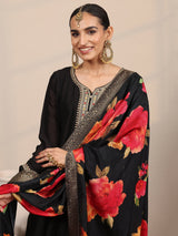 Libas Black Yoke Design Silk Blend  Anarkali Suit Set With Dupatta