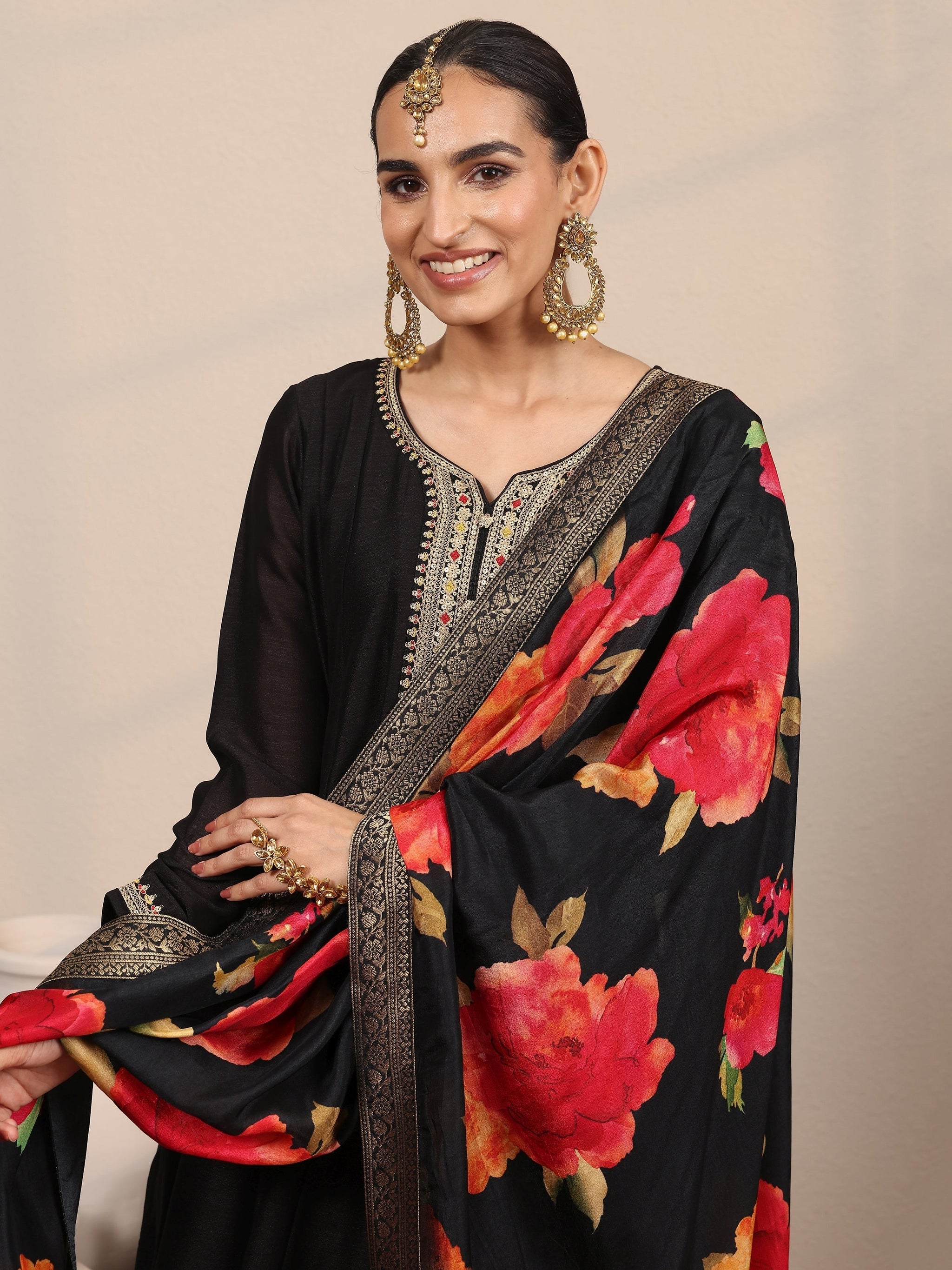 Libas Black Yoke Design Silk Blend  Anarkali Suit Set With Dupatta