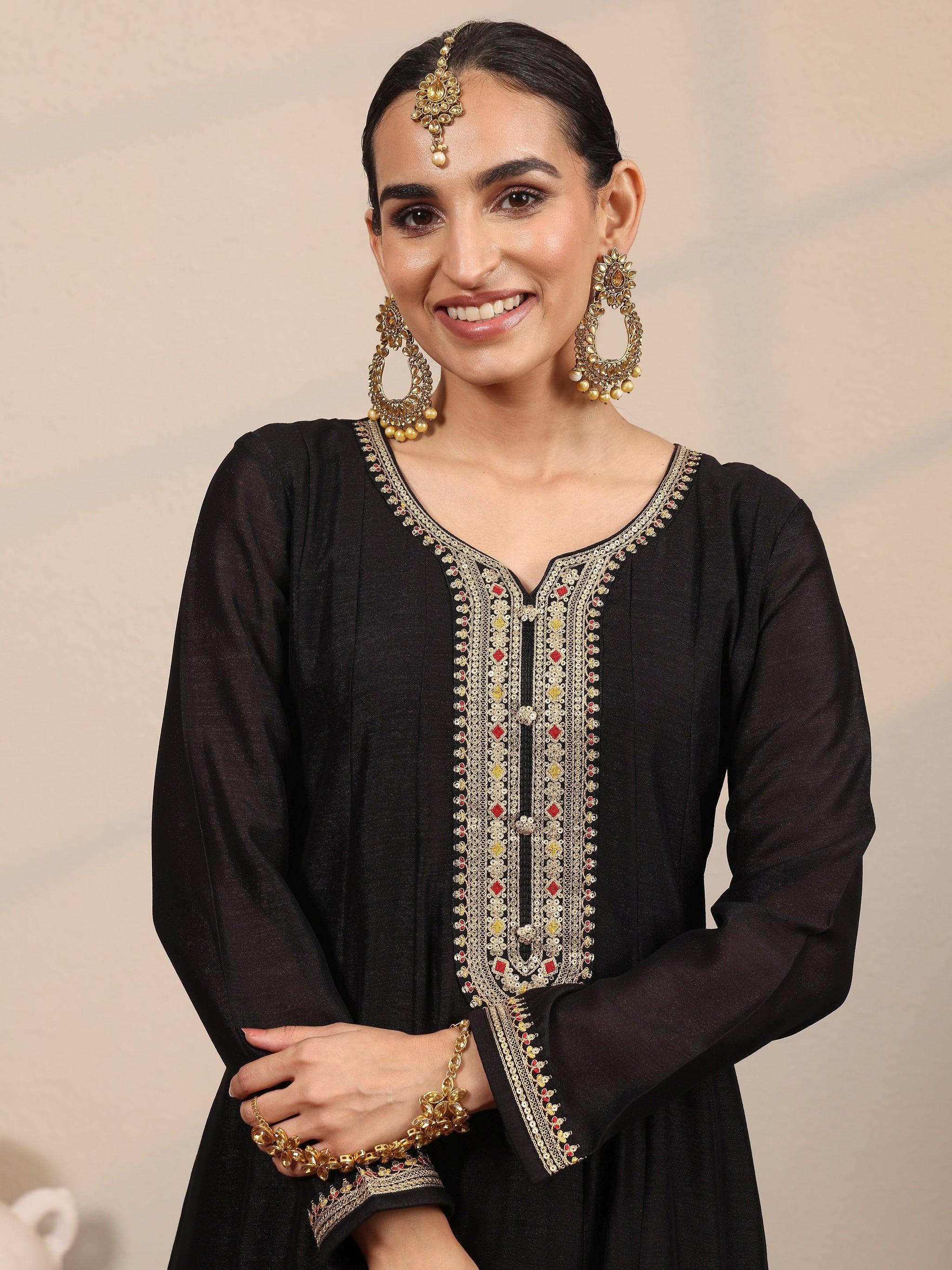 Libas Black Yoke Design Silk Blend  Anarkali Suit Set With Dupatta