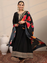 Libas Black Yoke Design Silk Blend  Anarkali Suit Set With Dupatta