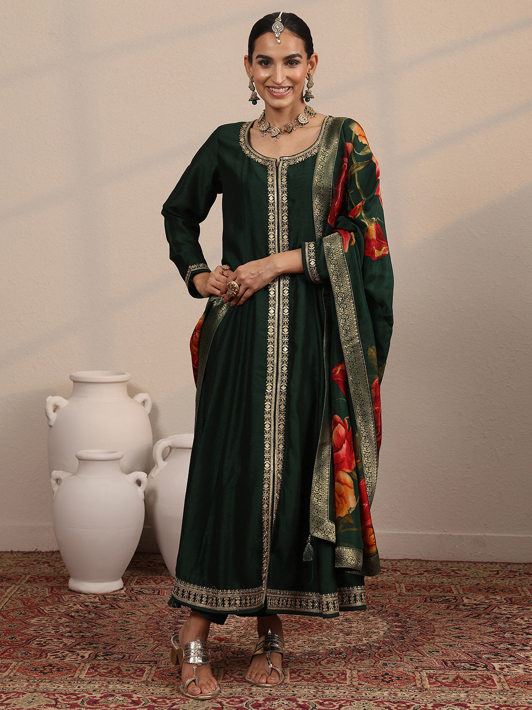 Mameraa Green Embroidered Silk Blend  A-Line Suit Set With Dupatta