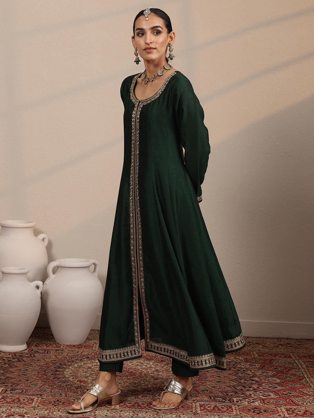 Mameraa Green Embroidered Silk Blend  A-Line Suit Set With Dupatta