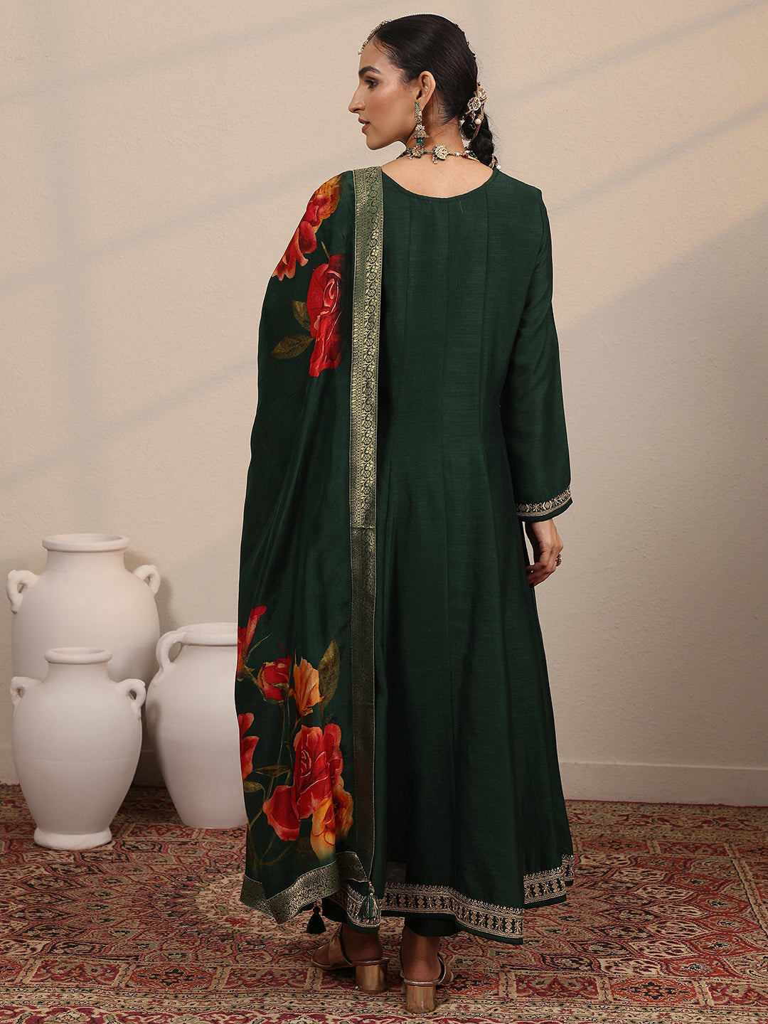 Mameraa Green Embroidered Silk Blend  A-Line Suit Set With Dupatta