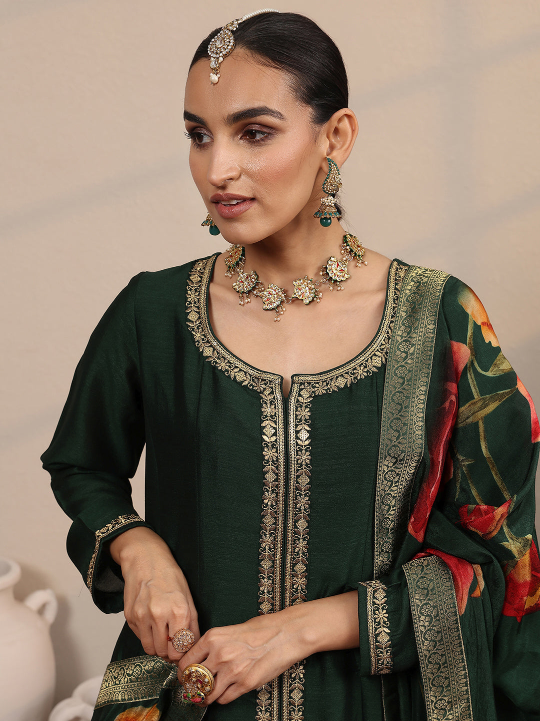 Mameraa Green Embroidered Silk Blend  A-Line Suit Set With Dupatta