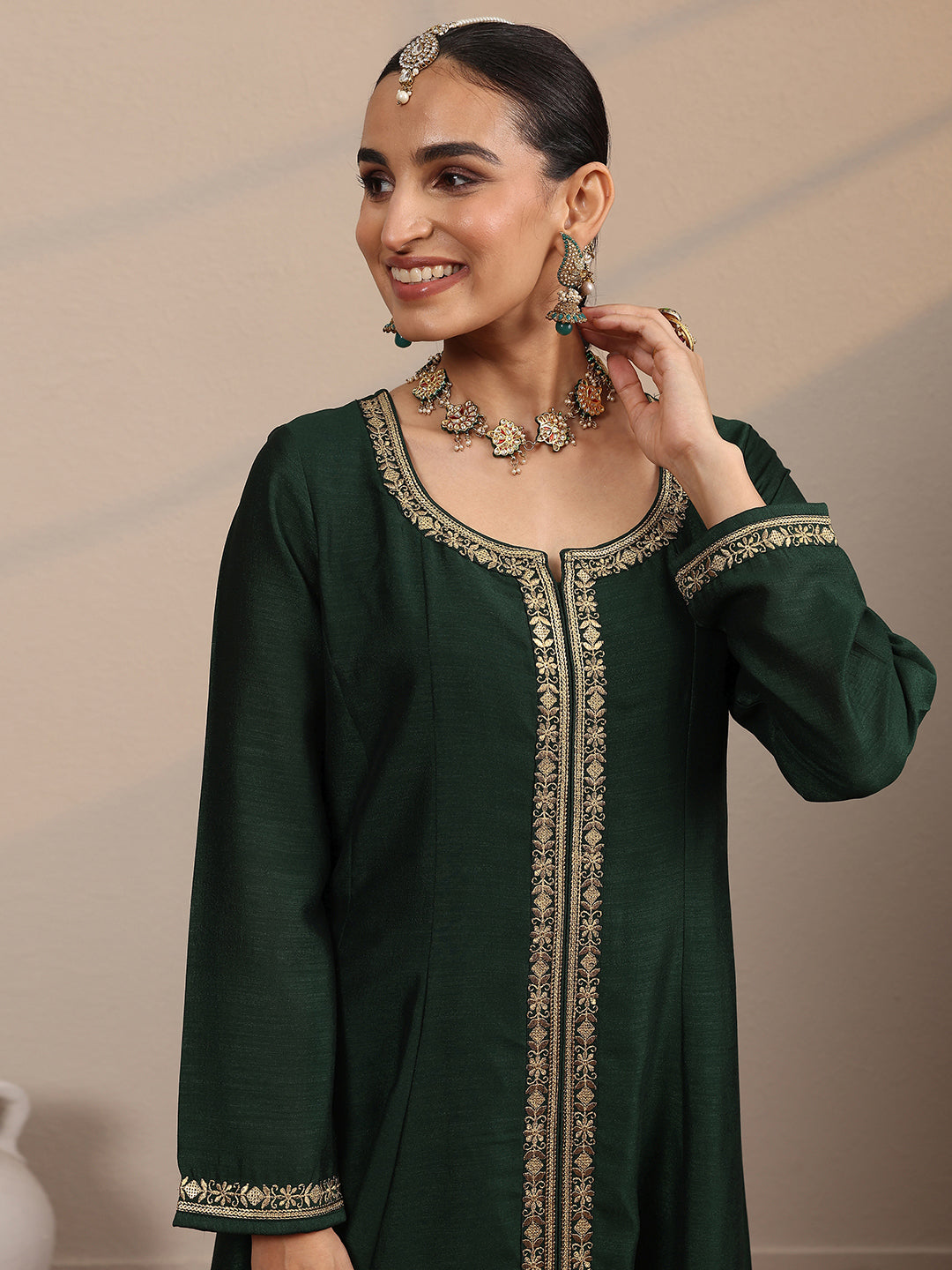 Mameraa Green Embroidered Silk Blend  A-Line Suit Set With Dupatta