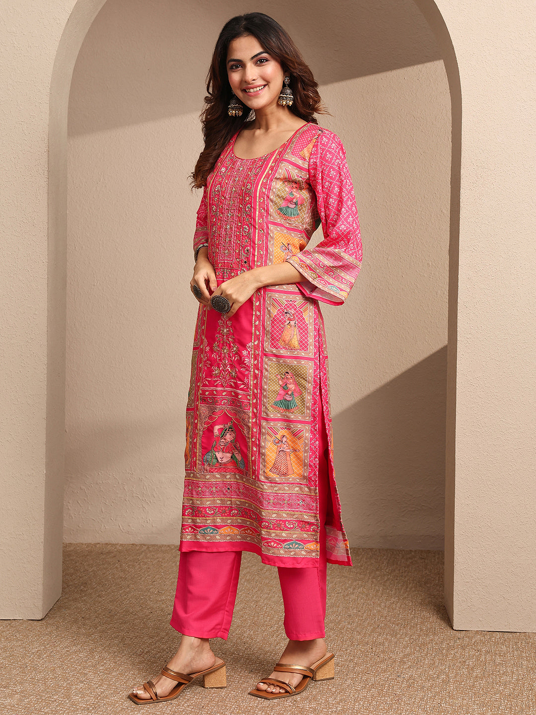 Mameraa Pink Printed Silk blend Straight Suit Set With Dupatta