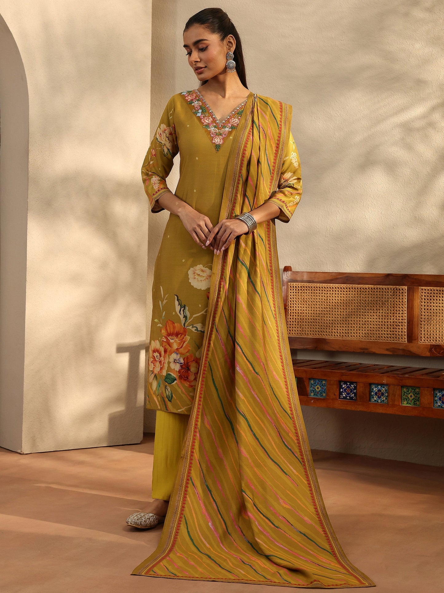 Libas Mustard Printed Silk Blend Straight Suit Set With Dupatta