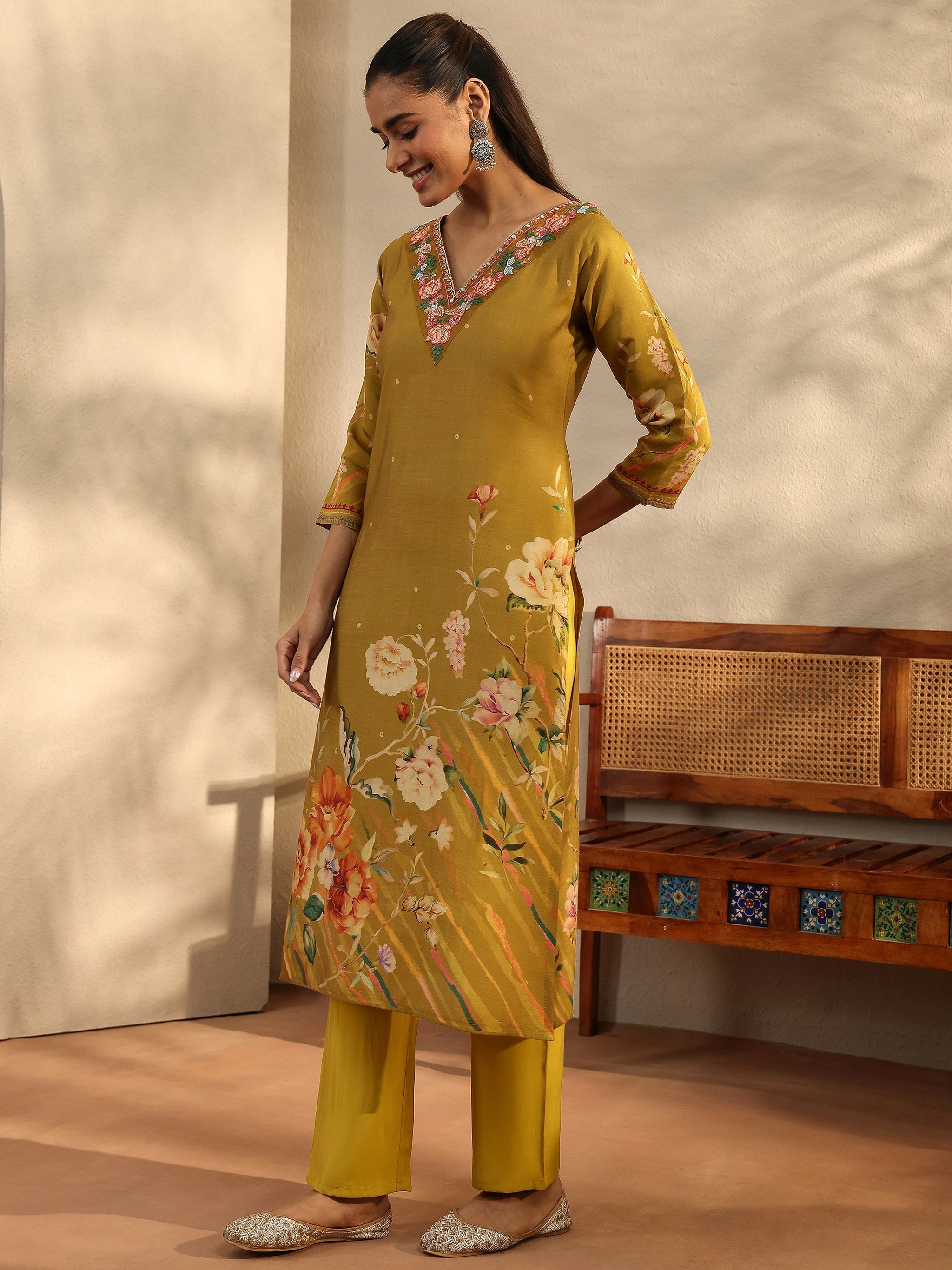 Libas Mustard Printed Silk Blend Straight Suit Set With Dupatta