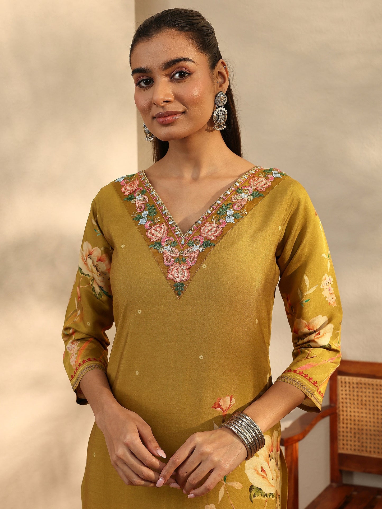 Libas Mustard Printed Silk Blend Straight Suit Set With Dupatta