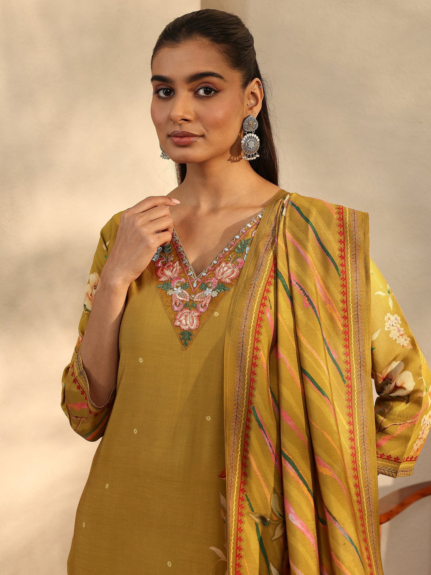 Libas Mustard Printed Silk Blend Straight Suit Set With Dupatta