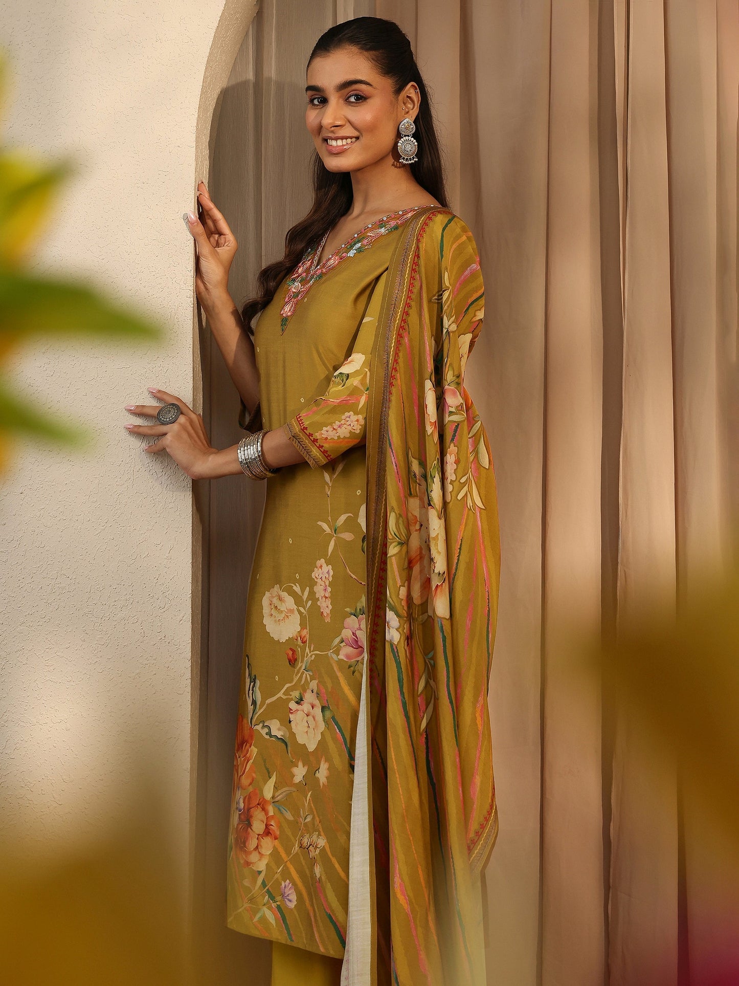 Libas Mustard Printed Silk Blend Straight Suit Set With Dupatta
