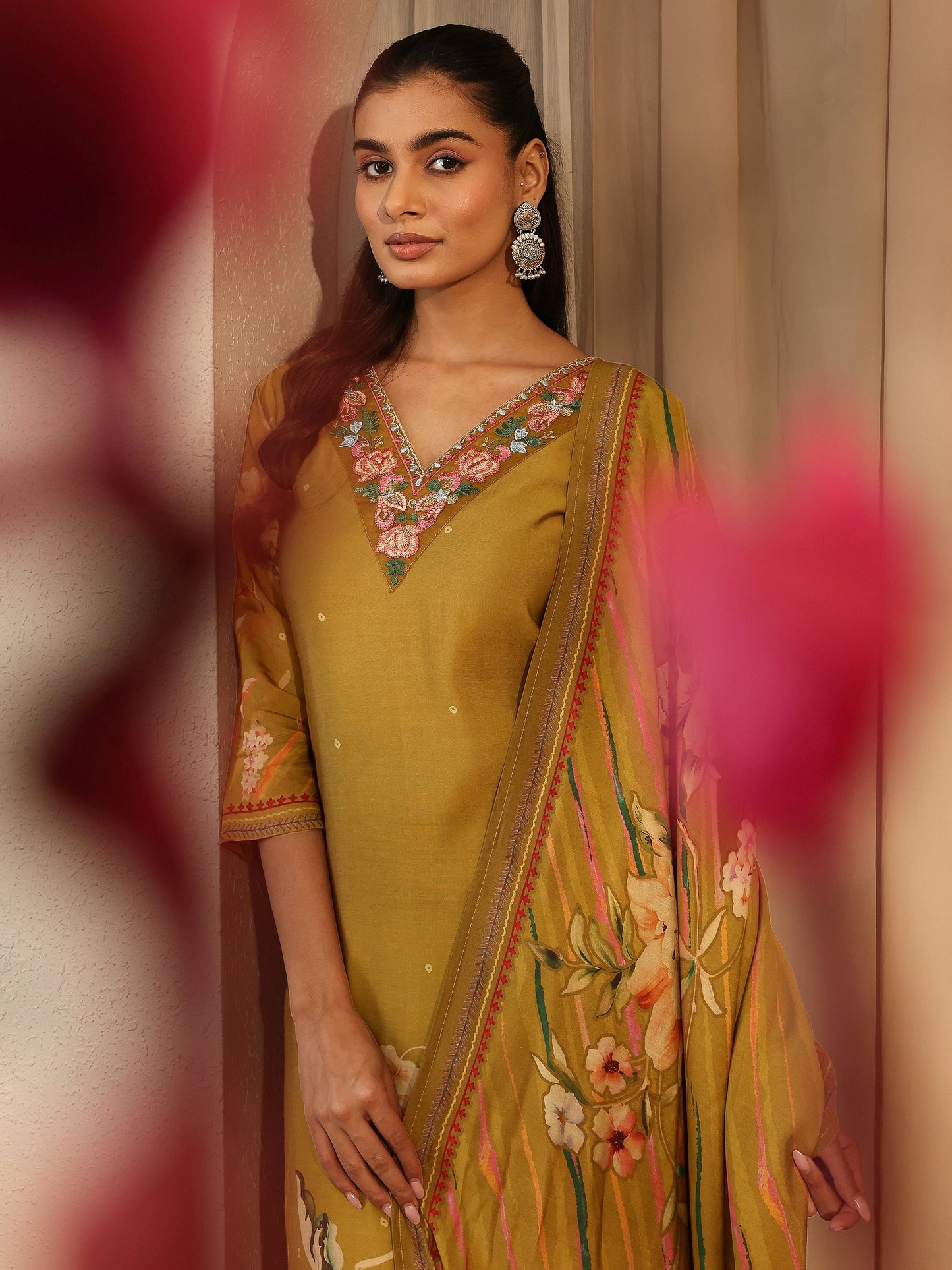 Libas Mustard Printed Silk Blend Straight Suit Set With Dupatta