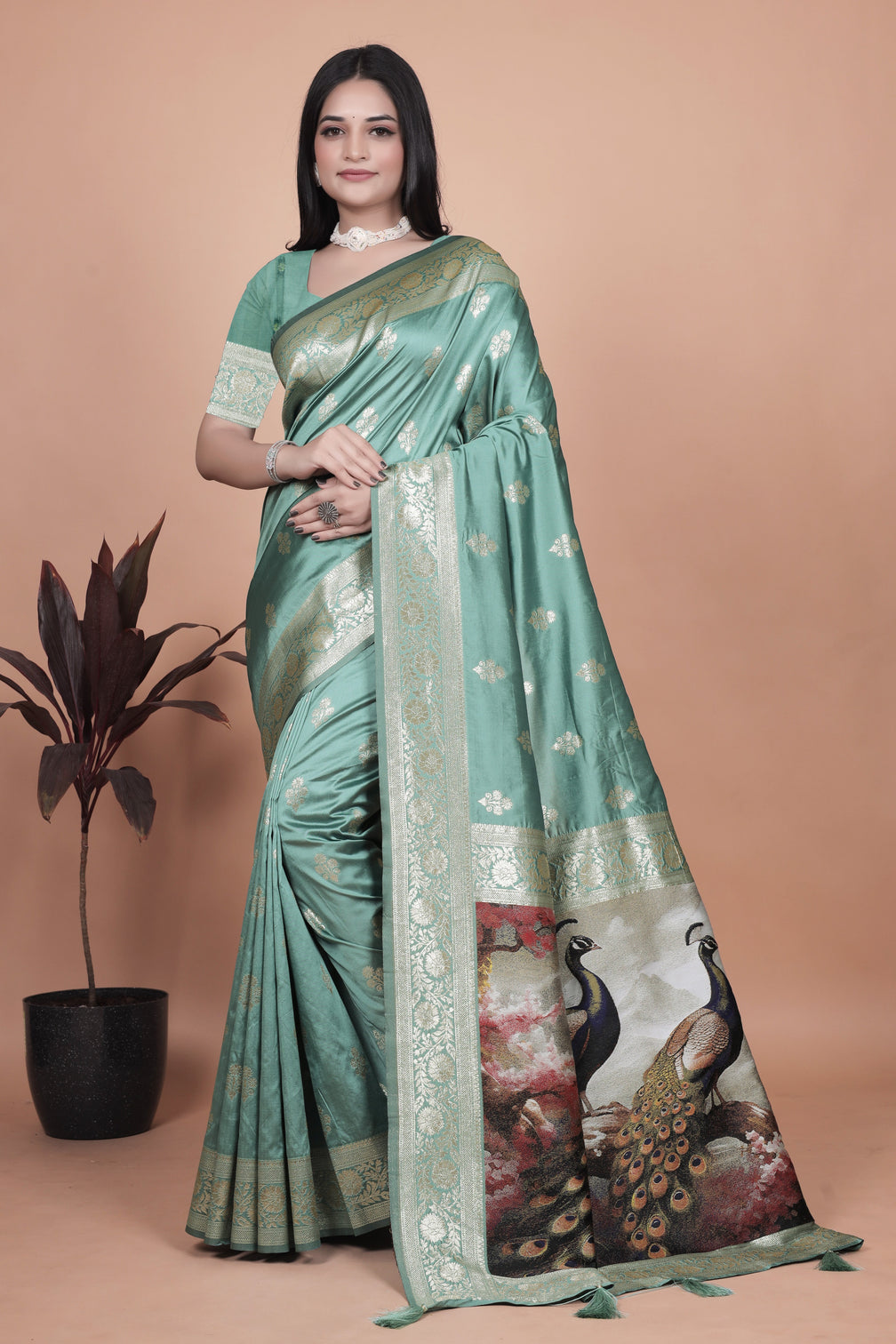 Premium Green Banarasi Saree with Embroidered Peacock Motif