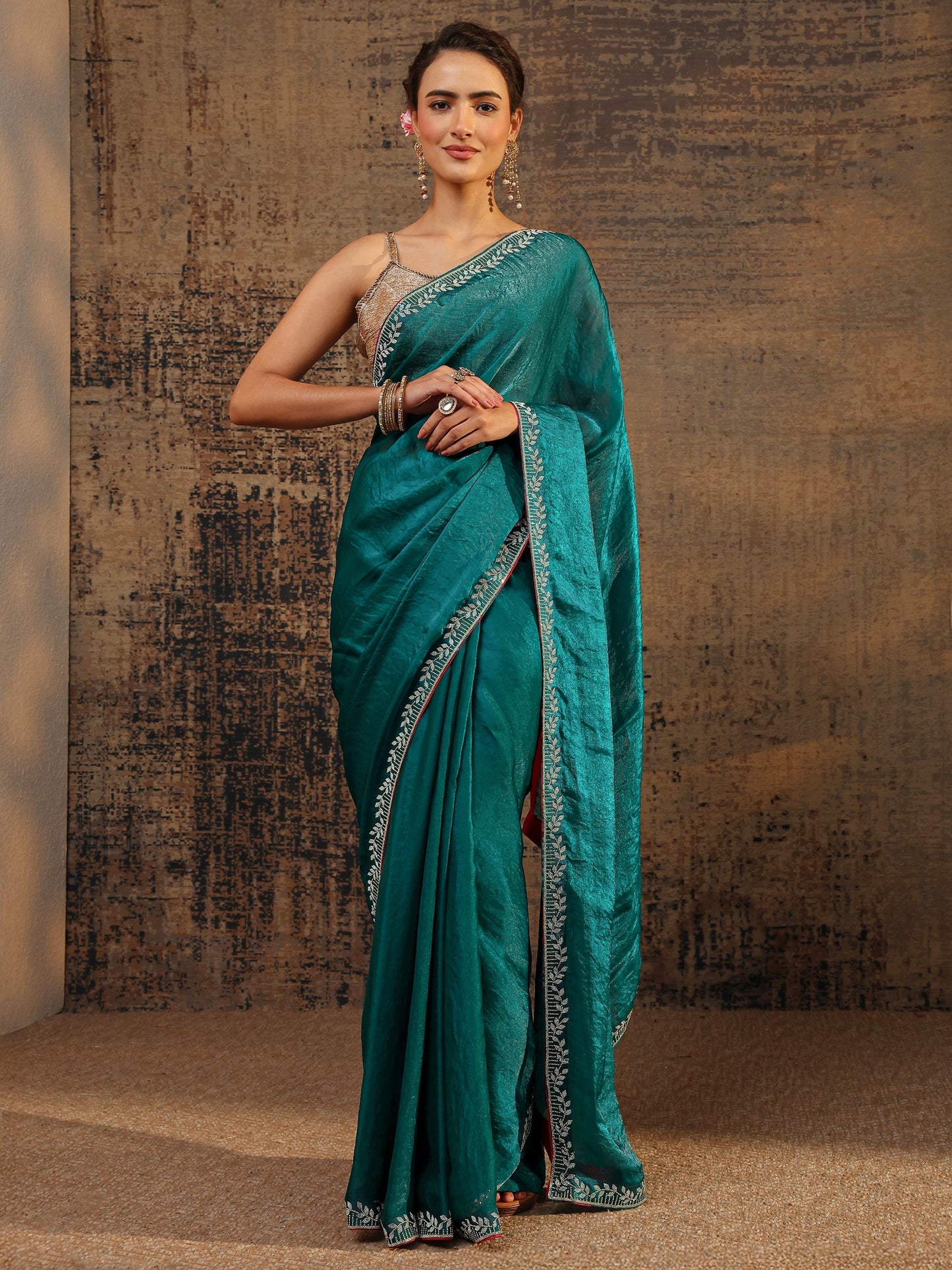 Libas Green Solid Satin Saree With Unstitched Blouse Piece