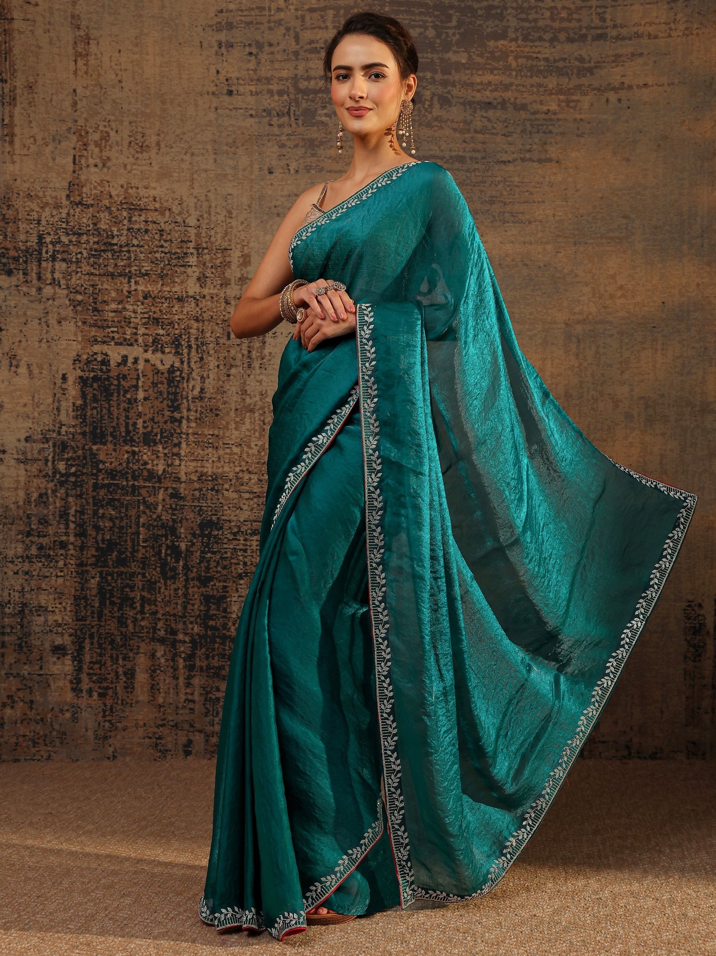 Libas Green Solid Satin Saree With Unstitched Blouse Piece
