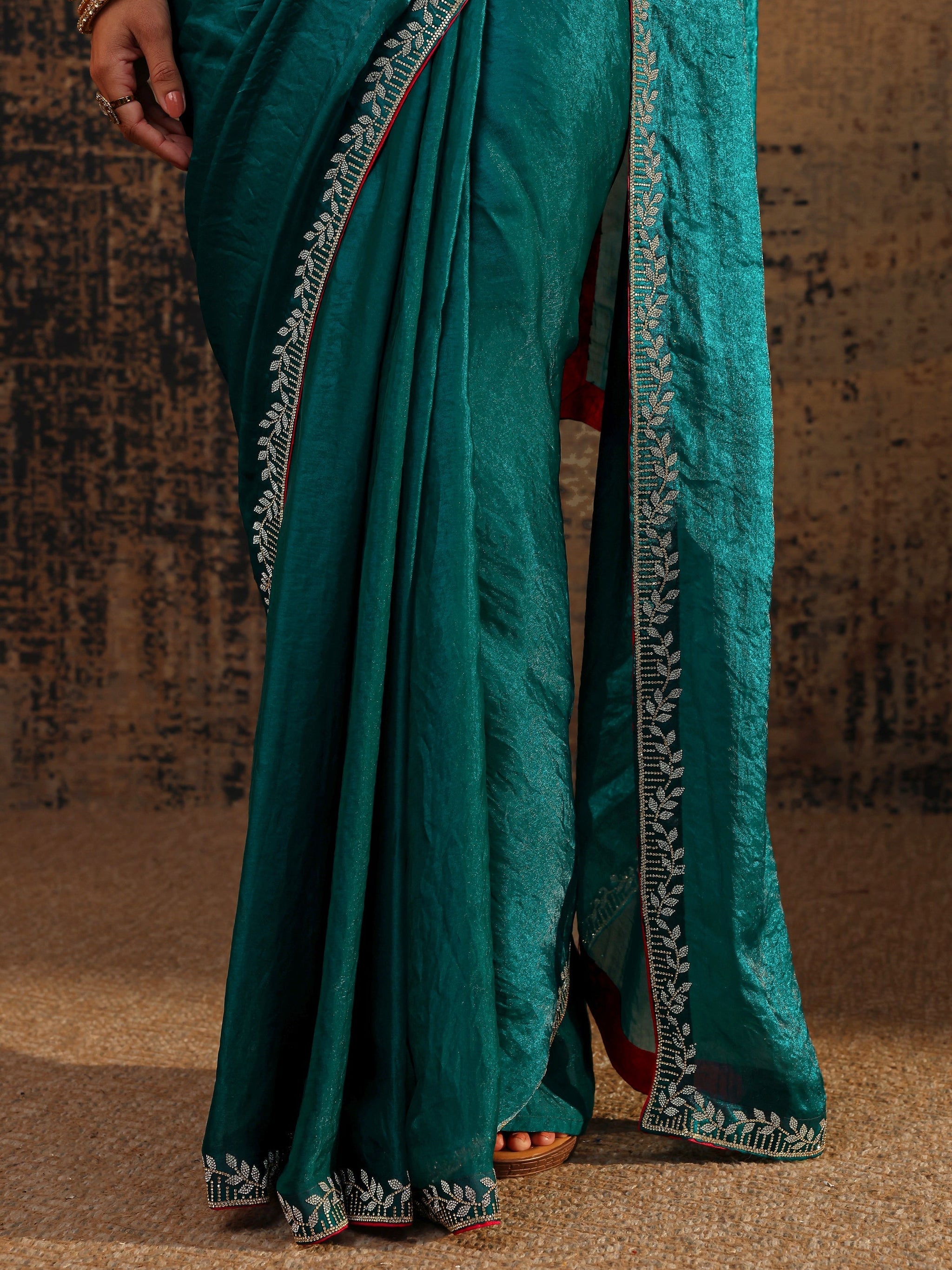 Libas Green Solid Satin Saree With Unstitched Blouse Piece