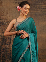 Libas Green Solid Satin Saree With Unstitched Blouse Piece