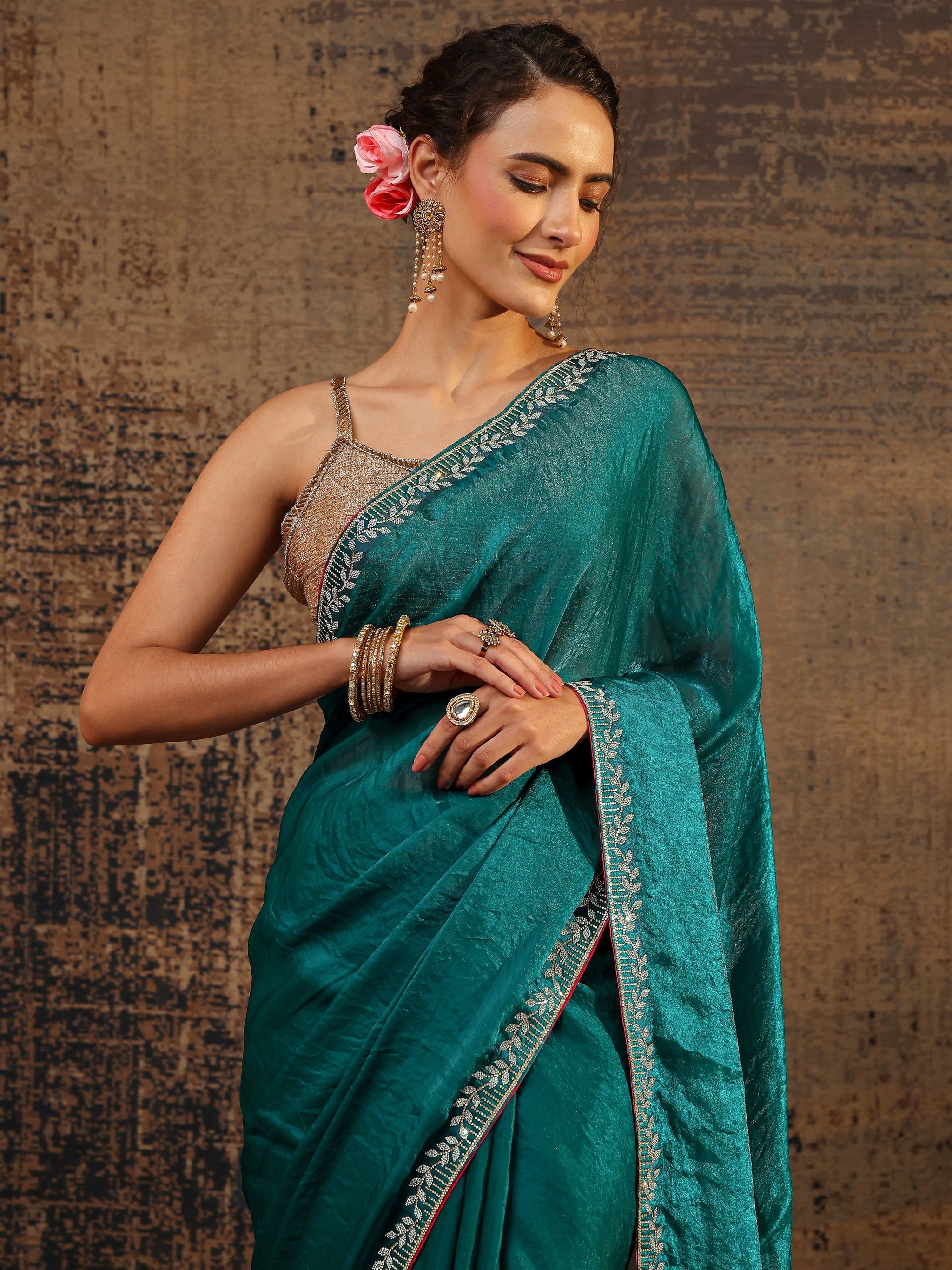 Libas Green Solid Satin Saree With Unstitched Blouse Piece
