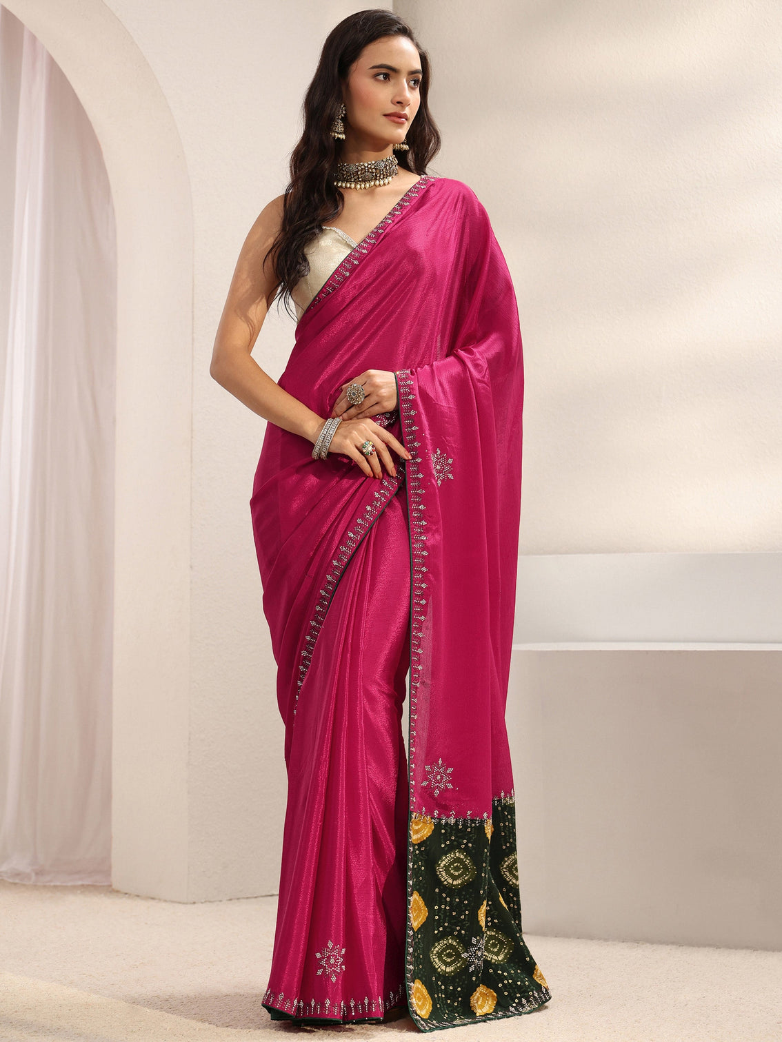 Mameraa Pink Embellished Border Chinon Saree With Unstitched Blouse Piece