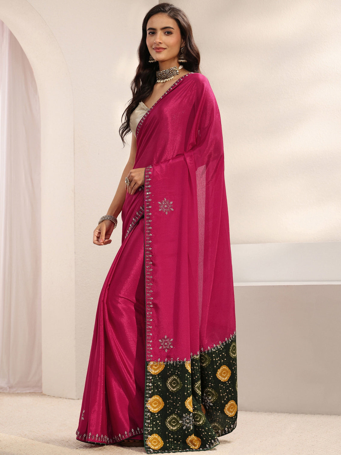 Mameraa Pink Embellished Border Chinon Saree With Unstitched Blouse Piece