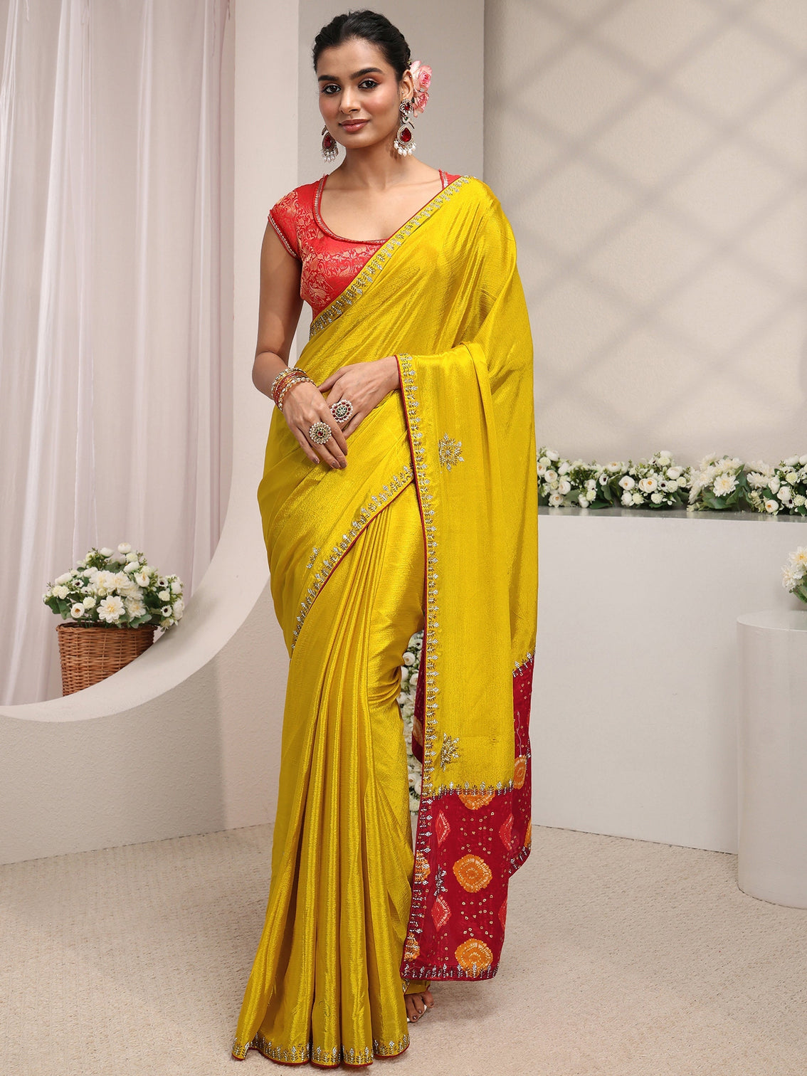 Mameraa Mustard Embellished Chinon Saree With Unstitched Blouse Piece