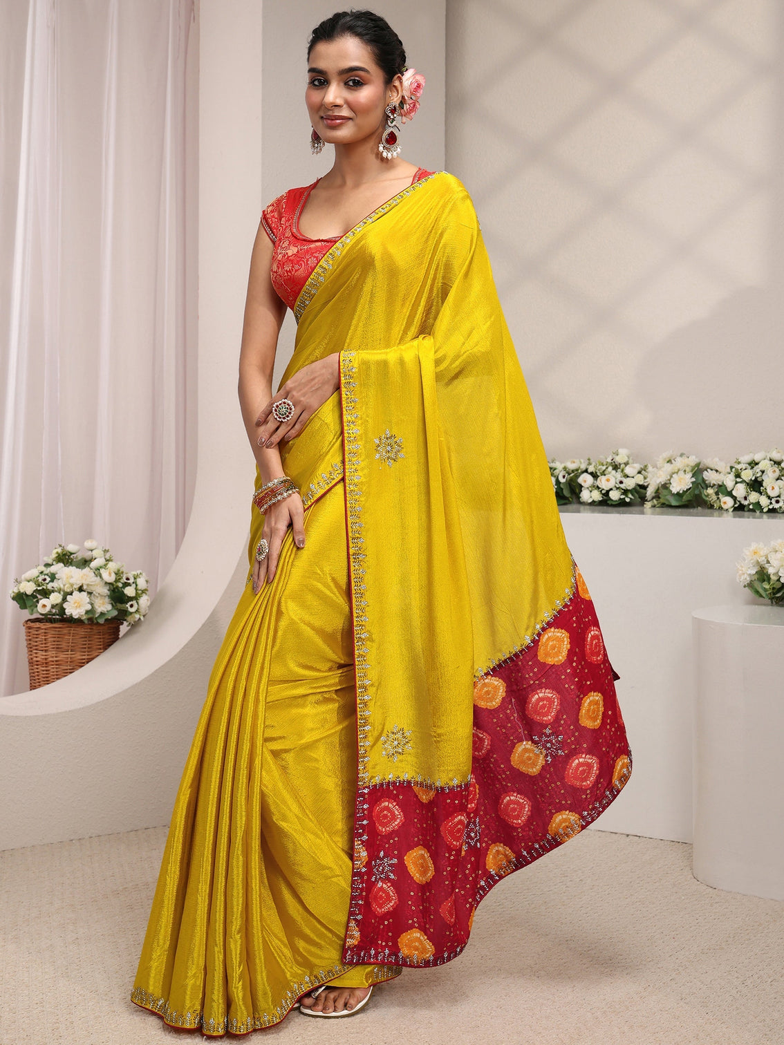 Mameraa Mustard Embellished Chinon Saree With Unstitched Blouse Piece