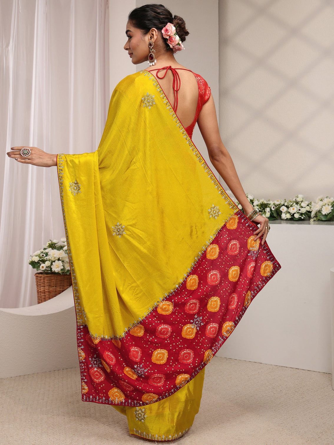 Mameraa Mustard Embellished Chinon Saree With Unstitched Blouse Piece