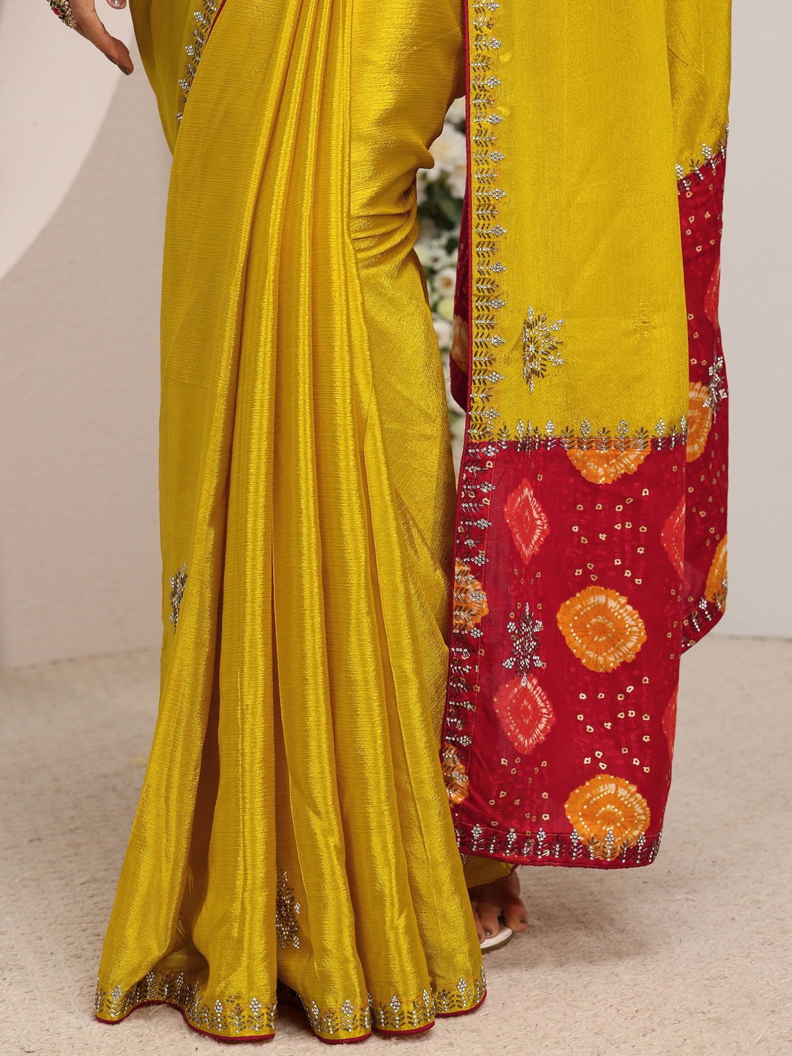 Mameraa Mustard Embellished Chinon Saree With Unstitched Blouse Piece
