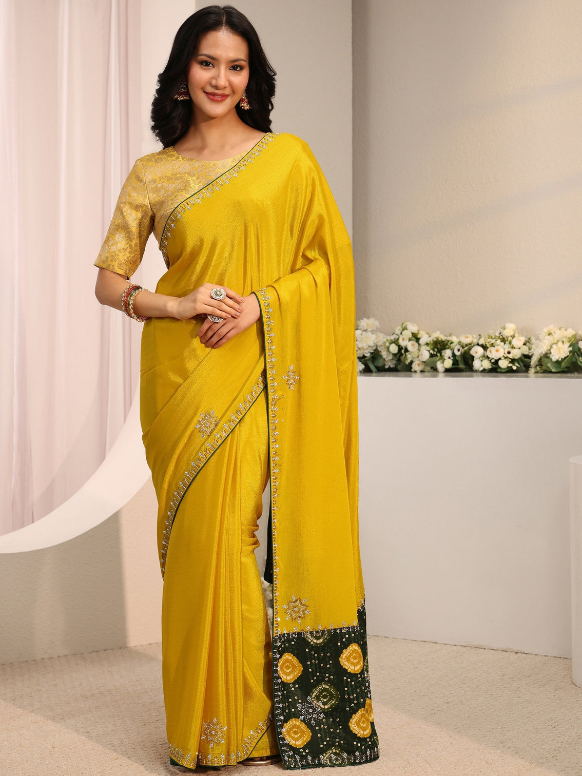 Mameraa Mustard Embellished Chinon Saree With Unstitched Blouse Piece