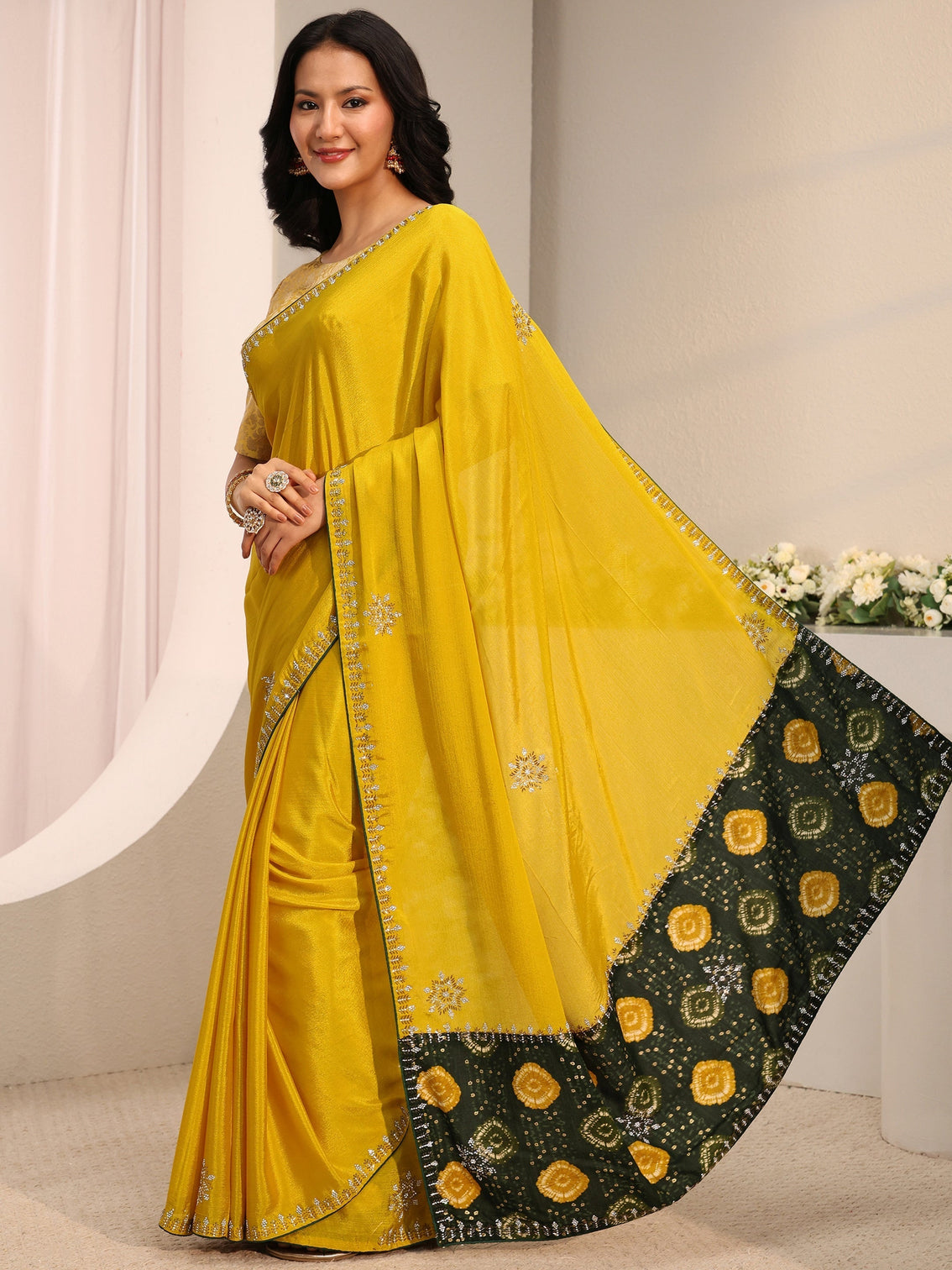 Mameraa Mustard Embellished Chinon Saree With Unstitched Blouse Piece