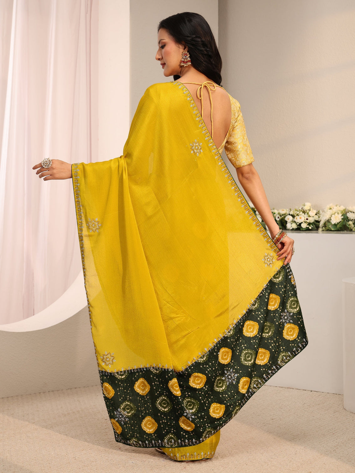 Mameraa Mustard Embellished Chinon Saree With Unstitched Blouse Piece