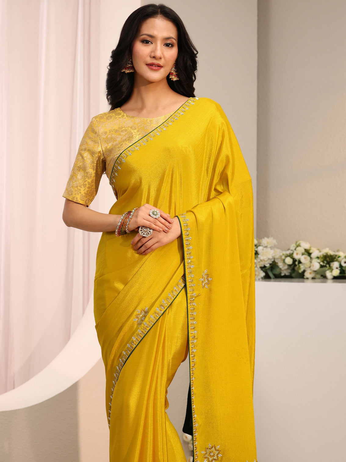 Mameraa Mustard Embellished Chinon Saree With Unstitched Blouse Piece
