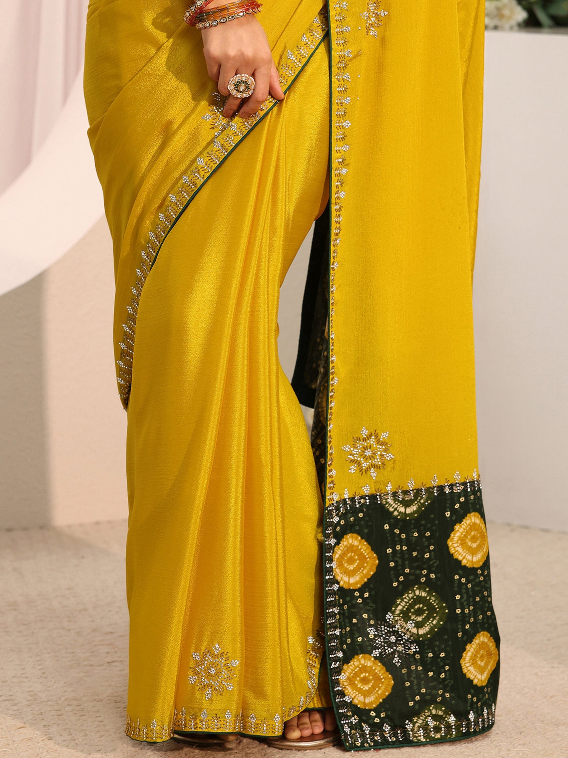 Mameraa Mustard Embellished Chinon Saree With Unstitched Blouse Piece