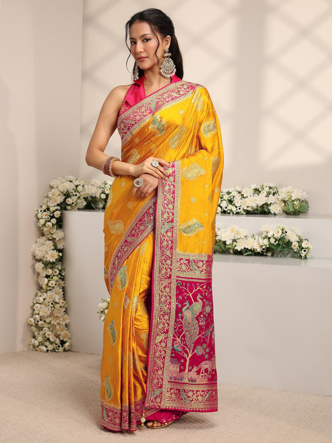Mameraa Art Mustard Ethnic Motif Self Design Satin Saree