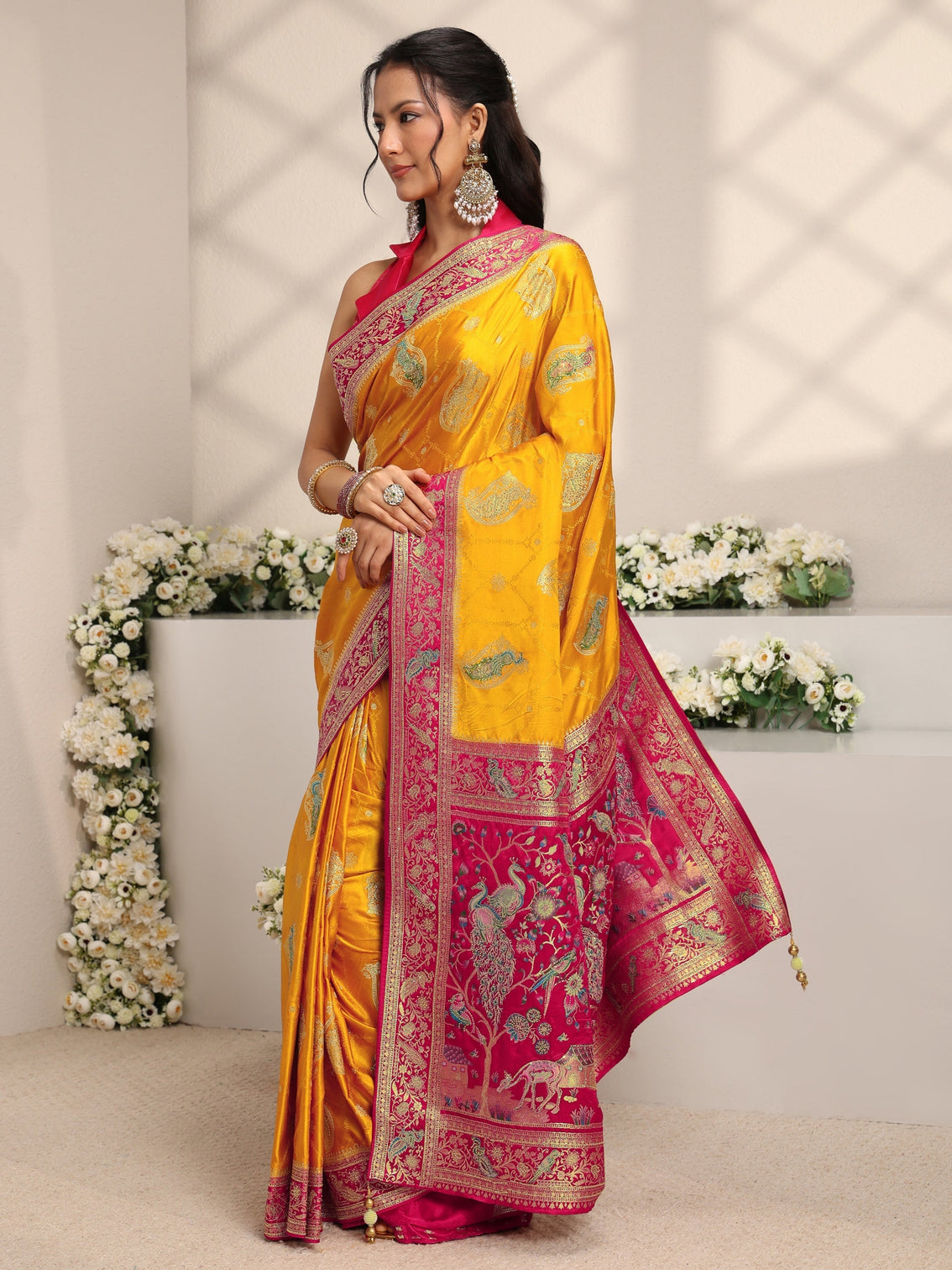 Mameraa Art Mustard Ethnic Motif Self Design Satin Saree