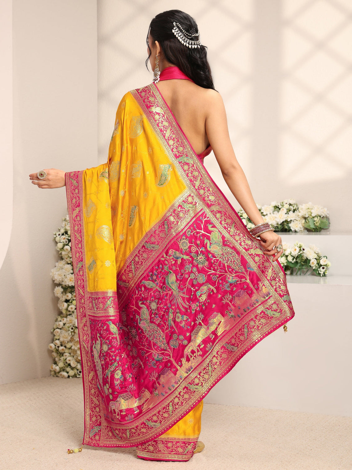 Mameraa Art Mustard Ethnic Motif Self Design Satin Saree