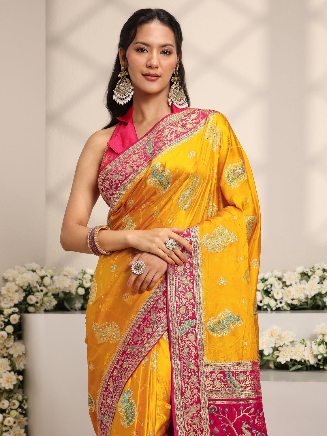 Mameraa Art Mustard Ethnic Motif Self Design Satin Saree