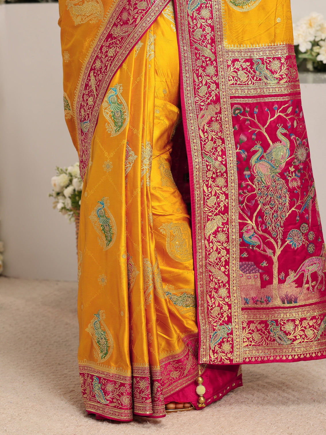 Mameraa Art Mustard Ethnic Motif Self Design Satin Saree