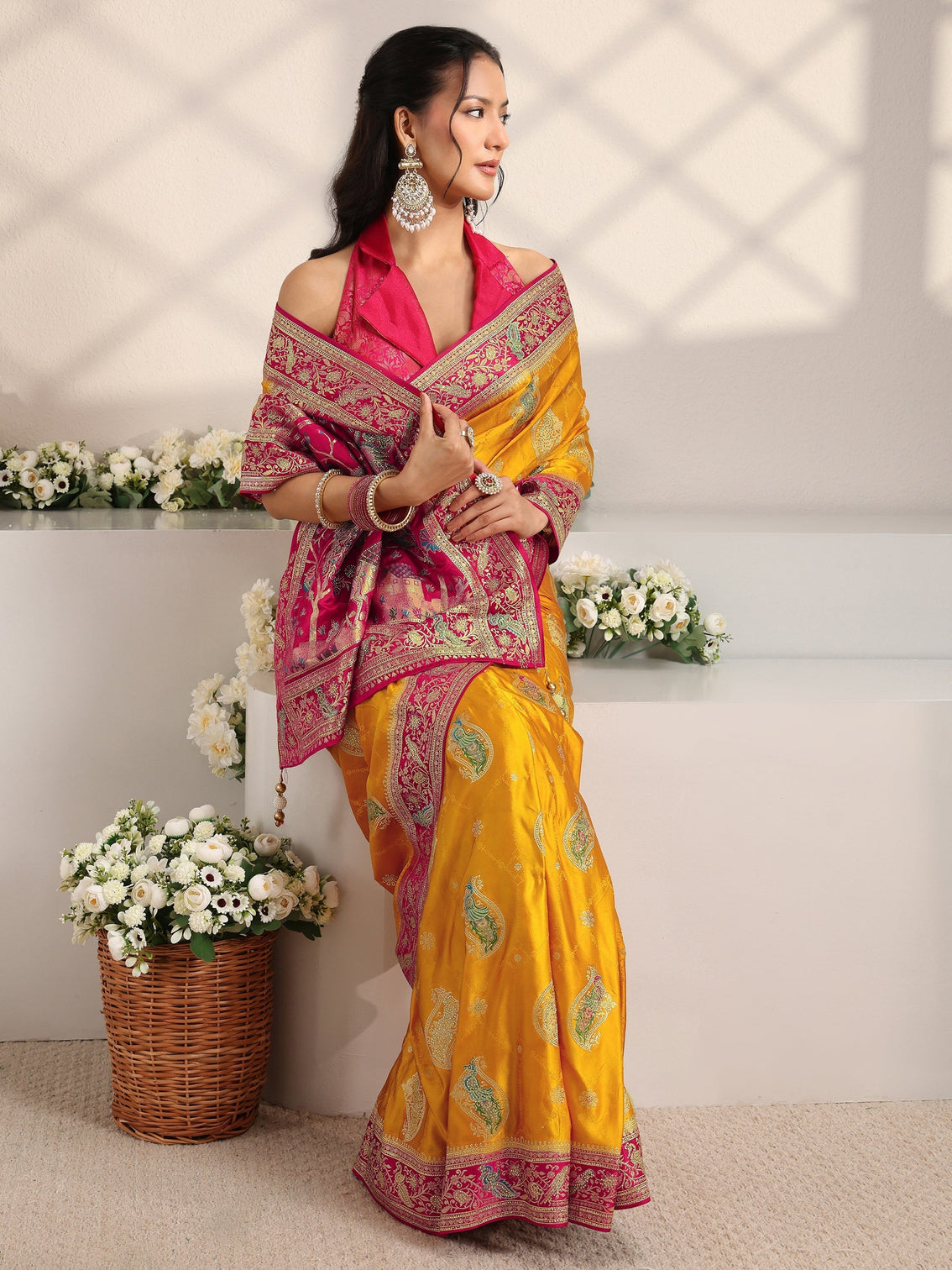 Mameraa Art Mustard Ethnic Motif Self Design Satin Saree