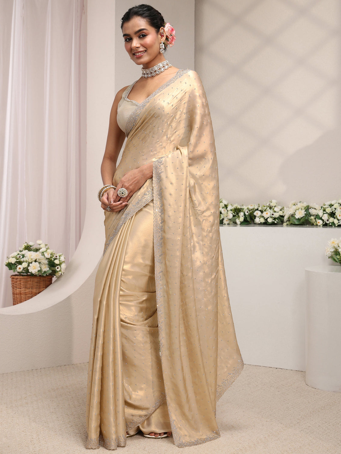 Mameraa Art Beige Embellished Satin Saree With Unstitched Blouse Piece