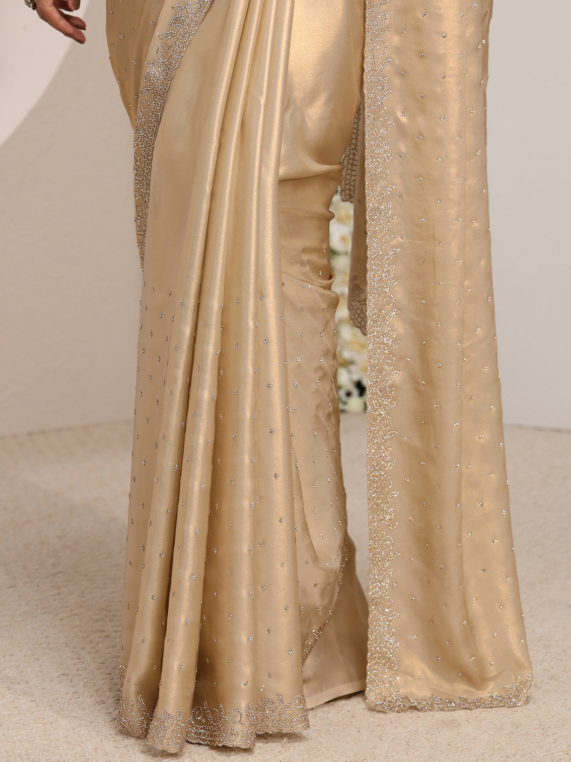 Mameraa Art Beige Embellished Satin Saree With Unstitched Blouse Piece
