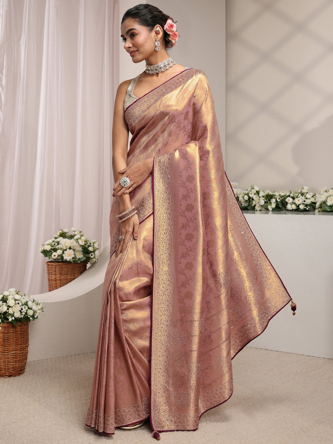 Mameraa Art Lavender Floral Woven Design Silk Blend Saree With Unstitched Blouse Piece