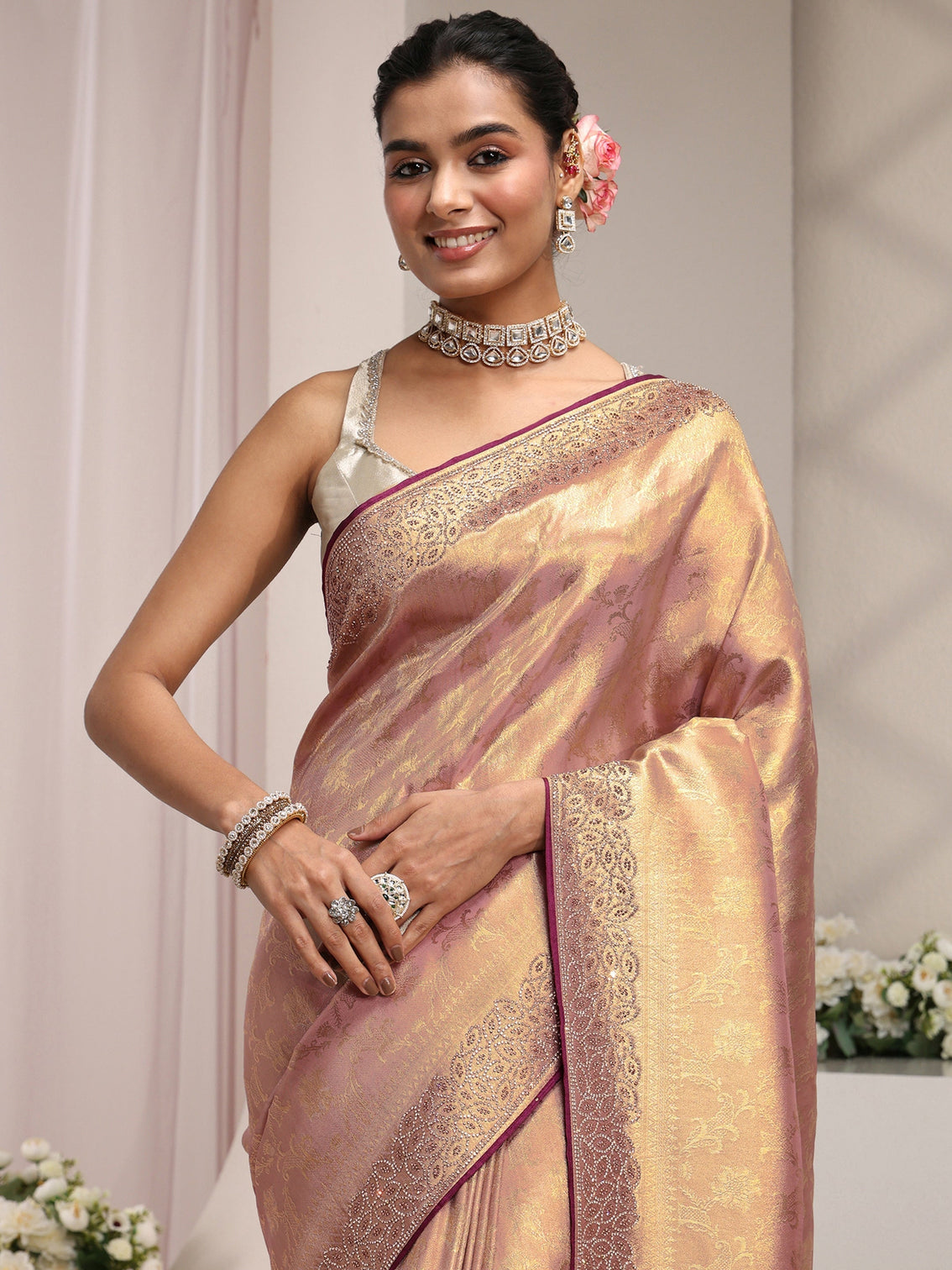 Mameraa Art Lavender Floral Woven Design Silk Blend Saree With Unstitched Blouse Piece