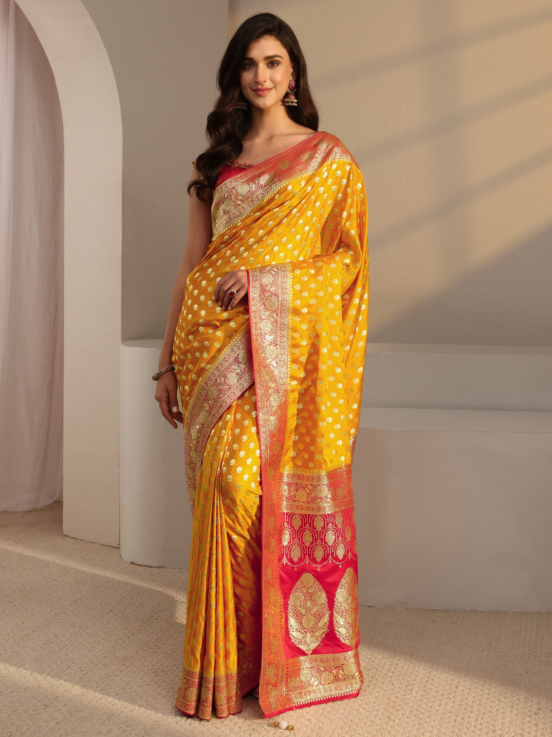 Mameraa Art Mustard Banarasi Satin Saree With Unstitched Blouse Piece